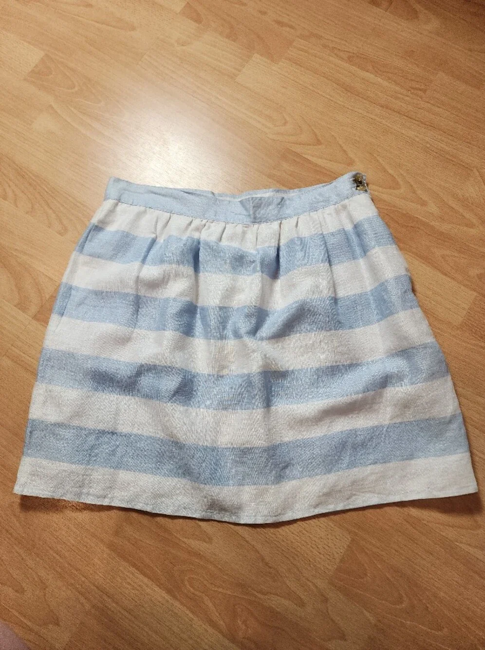 Kenar 100% Linen Mini Skirt Blue White Wide Stripes Pockets Women's Size 10